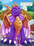 activision anthro biped brown_body brown_fur brown_hair claws clothed clothing cloud deer dialogue digital_media_(artwork) dragon duo elora english_text extreme_size_difference fangs faun_(spyro) female feral frill_(anatomy) fur hair hands_on_hips head_crest head_frill hi_res hooves horn larger_feral larger_male leaf_clothing leaf_dress looking_down looking_up macro macro_feral macro_male male mammal membrane_(anatomy) membranous_wings micro micro_anthro micro_female mythological_creature mythological_scalie mythology open_mouth outside plant portal purple_body purple_eyes purple_scales quadruped scaled scales scalie signature size_difference smaller_anthro smaller_female speech_bubble spyro spyro_the_dragon tail teeth text toe_claws tongue tree tsitra360 wings
