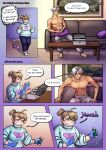 absurd_res barefoot blonde_hair blue_eyes bottomwear clothing comic dialogue drake_(the_weight_of_scales) duo elf english_text fanimal_creations feet female footwear furniture gloves hair handwear hi_res human humanoid inside iris_(the_weight_of_scales) male mammal not_furry pants scar shirtless socks sofa speech_bubble sweater sweatpants text the_weight_of_scales topwear white_hair wounded yellow_eyes