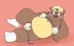 2026 anthro balls barely_visible_genitalia barely_visible_penis bear belly big_belly biped blush clothing eyewear flaccid genitals glasses hat headgear headwear hi_res humanoid_hands inunoshippo kemono male mammal navel overweight overweight_male penis simple_background solo