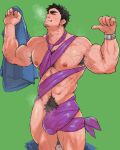  1boy abs absurdres armpit_hair bara chest_hair closed_mouth commentary cover english_commentary facial_hair goatee_stubble green_background highres holding holding_unworn_clothes large_pectorals male_focus male_pubic_hair mature_male meme muscular muscular_arms muscular_male naked_ribbon nipples noga_(noga_0309) nude_guy_wrapped_in_ribbons_standing_(meme) pectorals pubic_hair ribbon senpai_ga_uzai_kouhai_no_hanashi short_hair simple_background smile solo standing stomach stubble takeda_harumi textless_version thick_eyebrows thick_thighs thighs variant_set 