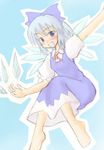  :d artist_request bangs barefoot blue_background blue_dress blue_eyes blue_hair bow bowtie cirno dress flying hair_bow ice large_bow looking_at_viewer lowres open_mouth outline pale_color shirt short_hair simple_background smile solo touhou 