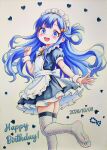  1girl :d absurdres apron asari_nanami black_dress blue_eyes blue_hair blue_pupils blush bow bowtie commentary dated dress english_commentary english_text enmaided fish_hair_ornament fishnet_thighhighs fishnets flat_chest foot_out_of_frame gouache_(medium) hair_ornament hair_rings happy_birthday highres idolmaster idolmaster_cinderella_girls long_hair looking_at_viewer maid maid_apron maid_headdress painting_(medium) round_teeth short_dress single_hair_ring smile soles solmyr2000 solo standing standing_on_one_leg teeth thighhighs thighs traditional_media upper_teeth_only very_long_hair white_apron wrist_cuffs yellow_bow yellow_bowtie 