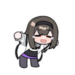  1girl animated animated_gif arknights black_hairband brown_hair closed_eyes coat crying dancing full_body hairband jiuren long_hair long_sleeves pantyhose priestess_(arknights) simple_background skirt solo sweater transparent_background white_coat white_sweater 
