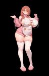  1girl absurdres apron areola_slip black_background blush breasts brown-eared_bulbul brown_hair cardigan cleavage cleavage_cutout clothing_cutout commentary_request covered_navel curvy dress eir_(last_origin) frilled_dress frills full_body highres large_breasts last_origin long_hair long_sleeves looking_at_viewer low_side_ponytail pink_cardigan side_ponytail sidelocks simple_background slippers smile solo standing thighhighs thighs white_apron white_thighhighs wow_(cor369) 