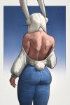  1girl absurdres alternate_costume animal_ears ass back bare_back bare_shoulders blue_background boku_no_hero_academia border dark-skinned_female dark_skin denim facing_away from_behind gradient_background highres jeans long_eyelashes long_hair long_sleeves median_furrow mirko off-shoulder_sweater off_shoulder pants parted_bangs rabbit_ears rabbit_girl rabbit_tail revision shoulder_blades solo sweater tail tail_through_clothes the_antin thighs tight_clothes tight_pants toned toned_female white_border white_hair white_sweater 