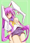  ? alternate_costume animal_ears artist_request bad_anatomy blush bunny_ears green_background long_hair no_pants purple_hair purple_school_swimsuit reisen_udongein_inaba school_swimsuit school_uniform solo spoken_question_mark swimsuit swimsuit_under_clothes touhou 
