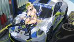  1girl absurdres ahoge asymmetrical_gloves azur_lane bare_shoulders black_thighhighs blonde_hair blue_gloves breasts car cleavage cola-alter commentary_request elbow_gloves elf fire_extinguisher gloves goggles goggles_on_head gouden_leeuw_(azur_lane) green-tinted_eyewear green_panties hair_between_eyes highleg highleg_leotard highres huge_breasts leotard long_hair looking_at_viewer lowleg lowleg_panties mole mole_under_eye motor_oil motor_vehicle multicolored_gloves on_car panties panties_under_leotard pointy_ears purple_eyes race_queen revealing_clothes sports_car strapless strapless_leotard thighhighs thighs tinted_eyewear two-tone_gloves underwear unused_tire very_long_hair water_gun white_gloves 