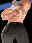  1boy abs absurdres arm_behind_head armpit_hair armpits bara beard black_pants chest_hair commentary_request cross_scar dopey_(dopq) facial_hair from_below grin highres korean_commentary looking_at_viewer looking_down male_focus muscular muscular_male navel nipples old old_man overwatch pants pectorals reinhardt_(overwatch) scar scar_across_eye scar_on_arm scar_on_chest scar_on_face scar_on_stomach smile topless_male 