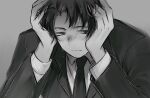  1boy averting_eyes black_necktie black_suit blush closed_mouth collared_shirt commentary_request dainatsu greyscale hands_on_own_face highres jacket library_of_ruina long_sleeves male_focus monochrome necktie project_moon roland_(project_moon) shirt simple_background solo suit sweat upper_body 