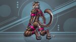 16:9 2026 4_toes abstract_background anthro blue_background brown_body brown_fur brown_nose butt colored countershade_face countershading cuffs_(clothing) digital_drawing_(artwork) digital_media_(artwork) feet felid fur grey_pawpads harness hufnaar looking_at_viewer looking_back male mammal markings pantherine pawpads pink_harness raised_tail shaded signature simple_background solo striped_markings stripes tail tiger toes wallpaper widescreen yellow_eyes