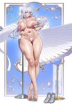  1girl absurdres barefoot bikini blush breasts censored chair closed_mouth cup feet full_body grey_hair high_heels highres holding holding_cup large_breasts long_hair looking_at_viewer mole mole_under_mouth mosaic_censoring nipples on_chair pointy_ears purple_eyes shell shell_bikini shoes smile solo sweat swimsuit teacup thick_thighs thighs toes unworn_shoes velina_airgid wow+ zenless_zone_zero 