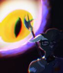 anthro black_body black_fur blazer chromatic_aberration clothing domestic_cat downer_(thisfuckingdork) entity eye_bags eyeball eyewear felid feline felis fur glasses gun halberd handgun hi_res horror_(theme) icedesre male mammal melee_weapon monster noise_filter polearm purple_flames ranged_weapon revolver shirt solo static topwear torn_clothing torn_shirt torn_topwear weapon wearing_glasses white_body white_fur wounded yellow_eyes