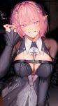  1girl absurdres black_dress black_shrug black_wings breast_focus breasts chest_belt cleavage commentary_request dress highres large_breasts looking_at_viewer medium_hair mole mole_on_breast multiple_moles official_alternate_costume pink_hair pointy_ears purple_eyes remielle_dan remielle_dan_(moonlight_whispers) shrug_(clothing) smile solo tarutaru_(ryousuke) upper_body wings zenless_zone_zero 
