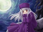  1girl artist_request berserker black_hair buttons coat fate/stay_night fate_(series) full_moon grey_skin hands_on_own_cheeks hands_on_own_face hat illyasviel_von_einzbern light_smile long_hair long_sleeves looking_at_viewer moon night night_sky purple_hat red_eyes silver_hair sitting sitting_on_person sky 