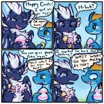 1:1 4_panel_comic artist_name bar_emanata blue_body blue_scales blush blush_lines bodily_fluids border comic dialogue digital_media_(artwork) dragon duo easter egg emanata english_text european_mythology eval_(eval) female feral frill_(anatomy) fur furred_dragon furred_scalie heart_symbol hi_res holding_egg holding_object holidays horn looking_at_another male mythological_creature mythological_scalie mythology nervous nervous_sweat noelle_(ryukiri) ryukiri scales scalie sharp_teeth snout speech_bubble sweat teeth text western_dragon white_border wings wyvern