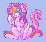 blue_eyes ear_piercing equid equine facial_piercing female feral fur hair hair_over_eye hooves horn horse kibblecringe long_hair long_tail mammal markings multicolored_hair multicolored_tail mythological_creature mythological_equine mythology nose_piercing open_mouth piercing pink_body pink_fur pink_hair pony rainbow_hair rainbow_tail raised_hoof sitting solo tail unicorn white_markings