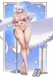  1girl absurdres barefoot bikini blush breasts censored chair closed_mouth cup feet full_body grey_hair high_heels highres holding holding_cup large_breasts long_hair looking_at_viewer mole mole_under_mouth mosaic_censoring nipples on_chair pointy_ears purple_eyes shell shell_bikini shoes smile solo swimsuit teacup thick_thighs thighs toes unworn_shoes velina_airgid wow+ zenless_zone_zero 