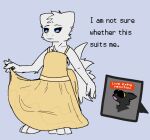 :o ambiguous_gender anthro black_body black_fur black_sclera blue_eyes canid canine casualties:_unknown chest_tuft claws clothing dialogue digitigrade dress duo english_text expie_(gunsawian) fluffy fluffy_tail fur gunsawian head_tuft live_tucker_reaction mammal milky_(gunsawian) open_mouth screen simple_background sleepyscion spikes spikes_(anatomy) standing sundress tail text tuft white_body white_fur yellow_sclera