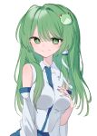  1girl absurdres bad_id bad_pixiv_id bare_shoulders blue_skirt breast_suppress breasts closed_mouth collared_shirt cowboy_shot detached_sleeves frog_hair_ornament furrowed_brow green_eyes green_hair hair_between_eyes hair_ornament hair_over_shoulder hand_up highres impossible_clothes impossible_shirt kochiya_sanae komu large_breasts long_hair long_sleeves looking_at_viewer nontraditional_miko shirt sidelocks simple_background skirt sleeveless sleeveless_shirt smile snake_hair_ornament solo split_mouth straight_hair touhou tsurime white_background white_shirt wide_sleeves 