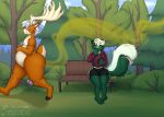 absurd_res anthro bench cervine deer detailed_background disgust duo fart fart_cloud forest forest_background grossed_out hi_res holding_nose male mammal megaloceros mephitid oblivious oliver_(rbaker) on_bench park park_bench plant prehistoric_species sitting sitting_on_bench skunk smelly stench_lines stink_fumes stink_lines thicket_(alcyonarian) tree walking y32010g