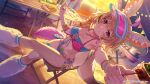  1girl ahoge animal_ears animal_print armlet artist_request bare_shoulders bikini black_hair blonde_hair blue_bikini blue_hat blush braid breasts collarbone company_name cooking_pot copyright_notice crossed_legs earrings facial_mark fingernails food fox_ears fox_girl fox_tail grill grin hair_ornament hat heart heart_facial_mark highres holding holding_skewer hololive hololive_dreams hoop_earrings in-universe_location jewelry knees leg_warmers leopard_print leopard_print_bikini long_hair looking_at_viewer multicolored_hair nail_polish navel necklace non-web_source official_alternate_costume official_alternate_hairstyle official_art omaru_polka omaru_polka_(shared_bbq_bliss) outdoors pink_bikini pink_eyes pink_hair pink_hat pink_nails print_bikini sand sausage second-party_source shell shell_hair_ornament sitting skewer smile solo star_(symbol) star_facial_mark starfish steak stomach streaked_hair swimsuit table tail thighs virtual_youtuber visor_cap white_leg_warmers yellow_tail 