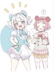  2girls :3 :d animal_ears blue_bow blue_bowtie blue_vest blush bow bowtie buttons chiikawa commentary_request cropped_legs double-breasted furuhonya grey_jacket hair_intakes hairband hands_on_own_hips hands_up highres jacket korean_commentary limu838 looking_at_viewer miniskirt momonga_(chiikawa) multiple_girls musical_note notice_lines open_mouth personification pink_hair pink_thighhighs pleated_skirt red_bow red_bowtie red_hairband school_uniform shirt short_hair short_sleeves shorts simple_background skirt smile spoken_musical_note standing sweater tail thighhighs tracen_school_uniform vest white_background white_hair white_shirt white_shorts white_sweater yellow_skirt zettai_ryouiki 