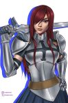  1girl armor black_shirt blue_skirt breasts brown_eyes closed_mouth commentary drop_shadow elbow_gloves english_commentary erza_scarlet eyelashes fairy_tail gauntlets gloves hair_over_one_eye hand_on_own_hip hand_up head_tilt highres holding holding_sword holding_weapon instagram_logo instagram_username large_breasts long_hair looking_at_viewer narrow_waist over_shoulder pleated_skirt red_hair sergio_lara shirt short_sleeves shoulder_armor signature simple_background skirt sword sword_over_shoulder twitter_username twitter_x_logo weapon weapon_over_shoulder white_background 