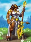 3_fingers abs absurd_res accessory anthro arm_markings arm_tattoo bangs bangs_over_eyes big_breasts blizzard_entertainment bovid bovine breasts brown_body brown_fur brown_hair cleavage clothed clothed_anthro clothed_female clothing dress facial_piercing female fingers flower flower_in_hair fur grass hair hair_accessory hair_over_eyes hi_res hooves horn huge_breasts jewelry mammal markings melee_weapon multicolored_body multicolored_fur muscular muscular_anthro muscular_female navel necklace nose_piercing nose_ring outside piercing plant polearm revilgaz ring_piercing septum_piercing septum_ring shoulder_markings shoulder_tattoo side_boob skimpy skimpy_dress solo spear standing tattoo tauren two_tone_body two_tone_fur unguligrade warcraft weapon white_body white_fur wrist_markings wrist_tattoo