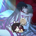  2girls arms_around_neck black_hair blue_eyes blush braid brown_hair censored character_censor chibi chibi_inset columbina_(genshin_impact) commentary english_commentary genshin_impact hair_down hair_flaps hands_on_another's_waist highres imminent_kiss indoors long_hair looking_at_another multicolored_hair multiple_girls novelty_censor nude official_art_inset on_bed purple_hair purple_streaks sandrone_(genshin_impact) sieka_(piiroinardesco) streaked_hair two-tone_hair very_long_braid very_long_hair yuri 