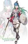  1girl absurdres armor character_name commission fire_emblem fire_emblem:_path_of_radiance fire_emblem_heroes full_body green_eyes green_hair grey_armor highres holding holding_polearm holding_weapon long_hair looking_at_viewer nephenee_(fire_emblem) nephenee_(resplendent)_(fire_emblem) pixiv_commission polearm shield shoulder_armor silvercandy_gum simple_background solo weapon white_background zoom_layer 