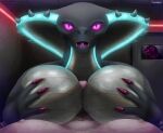 alien anthro apode armor background_character being_watched big_breasts black_body blue_markings bodily_fluids body_hair breast_play breasts ceiling chest_hair colored_nails digital_media_(artwork) digital_painting_(artwork) dominant dominant_alien dominant_anthro dominant_female door draconcopode duo edging eye_contact eyelashes eyeliner fan_character fangs featureless_breasts female first_person_view forked_tongue genital_fluids genitals glowing glowing_eyes glowing_markings glowing_tongue guard hand_on_breast hi_res human human_on_anthro interspecies intimidating_female legless looking_at_another makeup male male/female male_on_anthro mammal markings metal_door metal_wall multicolored_body naga nails neon nipples no_outlines open_mouth orgasm_denial painting_(artwork) paralysis penis penis_between_breasts precum prison prison_cell prisoner psi_(tamhigan) psionics questionable_consent red_neon reptile scales scalie serpentine sex signature silhouette snake snake_hood spikes spikes_(anatomy) story story_in_description submissive submissive_human submissive_male submissive_pov sweat sweaty_chest tamhigan_(artist) teeth titfuck tongue viper_(x-com) watching_from_afar window x-com