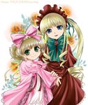  blonde_hair blue_eyes blush bonnet bow dress flower green_eyes hair_bow hina_ichigo kitano_tomotoshi long_hair long_sleeves multiple_girls pink_bow red_dress red_flower red_rose ribbon rose rozen_maiden shinku short_hair smile twintails 