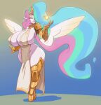 armor big_breasts bigdad biped blue_hair breasts clothed clothing crown eyelashes eyes_closed feathered_wings feathers female fingers floating_wings friendship_is_magic gauntlets gloves greaves green_hair hair hair_over_eye handwear hasbro headgear humanoid humanoid_pointy_ears inner_boob legwear multicolored_hair my_little_pony pelvic_curtain pink_hair pointy_ears princess_celestia_(mlp) side_boob smile solo thick_thighs thigh_highs tiara unusual_anatomy unusual_wings white_body wide_hips winged_unicorn_humanoid wings