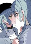  2girls aqua_hair bang_dream! bang_dream!_girls_band_party! black_hat braid commentary grey_jacket hat highres hikawa_hina hikawa_sayo imminent_kiss incest jacket long_hair looking_at_another multiple_girls short_hair siblings tearing_up twin_braids twincest twins white_background yuri zihacheol 