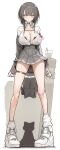  1girl absurdres ass_visible_through_thighs bag bag_charm bandaid bandaid_on_knee bandaid_on_leg black_bra black_cat bra breasts bubble_tea cat cellphone charm_(object) choker cleavage clenched_hands closed_mouth genek green_necktie grey_hair grey_jacket grey_skirt highres jacket large_breasts long_legs looking_at_viewer necktie off-shoulder_jacket off_shoulder original partially_open_shirt phone phone_in_pocket red_eyes school_bag school_uniform see-through_clothes see-through_shirt shirt shoes skinny skirt smartphone sneakers socks solo striped_clothes striped_necktie tall_female thigh_strap underwear unworn_necktie white_background white_shirt white_shoes white_socks 