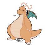 1:1 2026 ambiguous_gender antennae_(anatomy) belly big_belly blush blush_lines chocoflakey claws dialogue dragon dragonite english_text feral generation_1_pokemon hi_res horn looking_at_viewer looking_back mammal multicolored_body multicolored_scales mythological_creature mythological_scalie mythology narrowed_eyes nintendo open_mouth pear-shaped_figure pokemon pokemon_(species) quadruped scales scalie simple_background small_wings snout solo standing text thinking white_background wide_hips wings