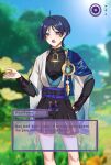  1boy 9701athra ahoge anemo_symbol_(genshin_impact) aqua_gem armor belt black_belt black_bodysuit black_bow black_bridal_gauntlets black_hair black_shorts blue_cape blue_eyes blue_kimono blue_sky blue_sleeves blunt_ends blurry blurry_background bodysuit bow bridal_gauntlets cape clenched_hand cloud cloudy_sky commission covered_collarbone english_text eyelashes eyeliner fake_screenshot feathers flower furisode game_screenshot_background gem genshin_impact gold gold_ring grass hair_intakes hakama hakama_shorts hand_on_own_hip highres japanese_armor japanese_clothes juban kimono kote kurokote layered_sleeves looking_at_viewer makeup male_focus mandarin_collar middle_ring open_clothes open_hand open_kimono open_mouth outdoors pleated_shorts pom_pom_(clothes) purple_rope purple_sash red_eyeliner rope sash scaramouche_(genshin_impact) screenshot_background short_sleeves shorts shoulder_peek side_cape sky solo tassel teeth tongue tree upper_teeth_only vgen_commission video_game_dialogue_box wanderer_(genshin_impact) white_kimono white_sleeves white_trim wispy_bangs wolf_cut yellow_feathers yellow_flower 