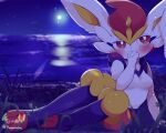 2026 5:4 absurd_res anthro artist_logo artist_name biped blush breasts chinese_text cinderace digital_drawing_(artwork) digital_media_(artwork) featureless_chest female female_anthro fur fur_tuft generation_8_pokemon head_tuft hi_res leg_markings logo looking_aside markings moon multicolored_body multicolored_fur narrowed_eyes night nintendo outside plantigrade pokemon pokemon_(species) prrrrrrmine red_eyes seaside shaded side_view sitting sky slim slim_anthro slim_female socks_(marking) soft_shading solo star starry_sky text tuft twitter_handle water white_body white_fur