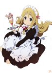  1girl :o absurdres apron between_legs blonde_hair blue_eyes cup dot_nose drinking_glass food full_body hand_between_own_legs highres holding holding_plate k-on! kotobuki_tsumugi light_blush long_hair looking_at_viewer maid maid_apron maid_headdress makicha_(sasurainopink) open_mouth parfait parfait_glass parted_lips plate signature sitting solo spoon strawberry_parfait thick_eyebrows tissue wariza white_background wind 