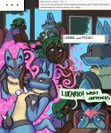 2026 3_fingers 5:6 absurd_res ambiguous/ambiguous ambiguous_gender ask_blog blush blush_lines blushing_profusely booth_seating brown_eyes canid chest_tuft clothed clothed_human clothing colored comic covering covering_crotch covering_face dark_body dark_skin detailed detailed_background dialogue digital_drawing_(artwork) digital_media_(artwork) duo ellipsis english_text fantasizing featureless_crotch fingers fluffy front_view furniture generation_4_pokemon hair hand_on_chest hand_on_face head_on_hand hi_res human inside long_hair looking_at_another looking_away lucario mammal mane mind_reading multiple_scenes nintendo nude_anthro outline plant pointy_ears pokemon pokemon_(species) pokemon_move ponytail pose prick_ears purple_clothing rear_view red_eyes restaurant shaded shirt side_ponytail side_view signature sitting sky slim_ambiguous slim_anthro slim_human soyesoye spikes spikes_(anatomy) t-shirt table text thistle_(soyesoye) topwear tree tuft window