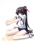  black_hair buruma full_body gym_uniform hair_ribbon hairband lowres original plantar_flexion ponytail red_eyes ribbon senji_(tegone_spike) sitting solo stretch wariza 