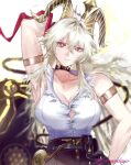  1girl arm_up bare_shoulders black_horns black_pants breasts closed_mouth commentary_request curled_horns gomesodayo hair_between_eyes high-waist_pants highres holding holding_sword holding_weapon horns large_breasts long_hair pants red_eyes shirt shirt_tucked_in solo sword tail twitter_username upper_body weapon white_shirt wuthering_waves zani_(wuthering_waves) 