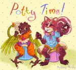 abdl anthro aquatic asterozoan avian_feet beaded_jewelry beads beak bell bell_collar bodily_fluids bow_ribbon brown_eyes claws clothed clothing collar curly_hair diaper dinosaur domestic_cat duo echinoderm eyelashes feathered_dinosaur feathered_scalie feathers felid feline felis female genital_fluids hair happy heart_symbol hi_res jewelry kandi_(jewelry) mammal morphing_murphy multicolored_body necklace open_beak open_mouth pawpads potty potty_chair potty_training prehistoric_species reptile scalie shirt simple_background sitting soiled_diaper starfish starfish_(accessory) t-shirt tail teeth text tongue tongue_out topwear unclean_diaper urine used_diaper wearing_diaper wet_diaper wings