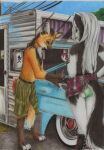 alister_(artist) anthro bottomwear bracelet butt cadillac camper canid canid_demon canine car cellphone clothed clothing clothing_lift demon ear_piercing ear_ring electronics english_description female flesh_tunnel fur gauged_ear general_motors green_clothing green_panties green_underwear grey_body grey_fur grey_tail hellaverse hellhound helluva_boss hi_res holding_cellphone holding_object holding_phone holding_smartphone insane_clown_posse jewelry loona_(helluva_boss) mammal maned_wolf mechanic motorhome mythological_canine mythological_creature mythology outside panties phone piercing recreational_vehicle ring_piercing shorts skirt skirt_lift smartphone solo spiked_bracelet spikes tail tail_under_skirt tail_upskirt topless traditional_media_(artwork) underwear upskirt vehicle vintage_car white_trash white_wall_tires