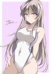  1girl artist_name blue_eyes border breasts commentary_request competition_swimsuit cowboy_shot dated gakky grey_hair highres javelin_(kancolle) kantai_collection long_hair looking_at_viewer medium_breasts one-hour_drawing_challenge one-piece_swimsuit pink_background solo swimsuit white_border white_one-piece_swimsuit 