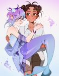  2girls amity_blight antenna_hair aqua_shirt bead_bracelet beads blush bracelet brown_eyes brown_hair brown_shorts carrying closed_mouth collared_shirt commentary dark-skinned_female dark_skin double_bun fingernails gradient_tail hair_bun hair_ornament highres jewelry koi looking_at_another looking_to_the_side luz_noceda merfolk mermaid monster_girl monsterification multiple_girls nose_blush pointy_ears princess_carry profile purple_hair shell shell_hair_ornament shirt short_hair shorts sideways_glance simple_background sleeveless sleeveless_shirt smile the_owl_house walking water_drop wet wet_hair white_background white_shirt yasherkalol yuri 