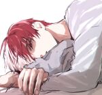  1boy boku_no_hero_academia burn_scar commentary_request korean_commentary looking_at_viewer lying male_focus multicolored_hair on_side red_hair sasseol scar scar_on_face short_hair signature simple_background solo split-color_hair todoroki_shoto two-tone_hair white_background white_hair 