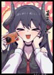  >_< +++ 1girl 1other black_choker black_hair black_horns black_shirt blue_archive blush breasts camera check_translation chiaki_(blue_archive) choker cleavage collared_shirt commentary_request demon_horns facing_viewer fang hair_between_eyes halo hand_on_another's_arm hands_on_another's_cheeks hands_on_another's_face highres holding holding_camera horns kotoba_ayato long_hair long_sleeves medium_breasts necktie open_mouth pointy_ears pov pov_hands red_necktie shirt skin_fang solo_focus translation_request white_shirt 