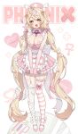  1girl absurdres ahoge alternate_costume asymmetrical_legwear bandaid bandaid_on_breast bandaid_on_face bandaid_on_leg bandaids_on_nipples blonde_hair breasts character_name commentary crossed_bandaids dang_geun23283 dress frilled_dress frills garter_straps hair_between_eyes hair_ornament hat highres holding holding_stethoscope large_breasts long_hair nurse_cap pasties phoenix_reffaella pill pill_hair_ornament pink_dress pink_shoes shoes solo stethoscope striped_clothes striped_thighhighs thighhighs torn_clothes torn_thighhighs untranslatable_commentary very_long_hair white_background white_garter_straps white_thighhighs yellow_eyes zenless_zone_zero 