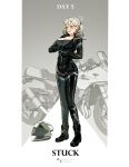  1girl absurdres aia_amare artist_name bealouis_illu black_boots black_gloves black_jacket blonde_hair boots breasts cleavage commentary english_commentary english_text flying_sweatdrops full_body gloves hair_between_eyes helmet highres jacket large_breasts leather leather_gloves leather_jacket motor_vehicle motorcycle motorcycle_helmet nervous_sweating nijisanji nijisanji_en pillarboxed solo sweat twitter_username undersized_clothes unworn_headwear unworn_helmet virtual_youtuber zipping 